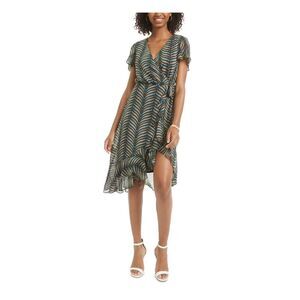 CITY STUDIO Womens Belted Short Sleeve V Neck Knee Length Sheath Dress